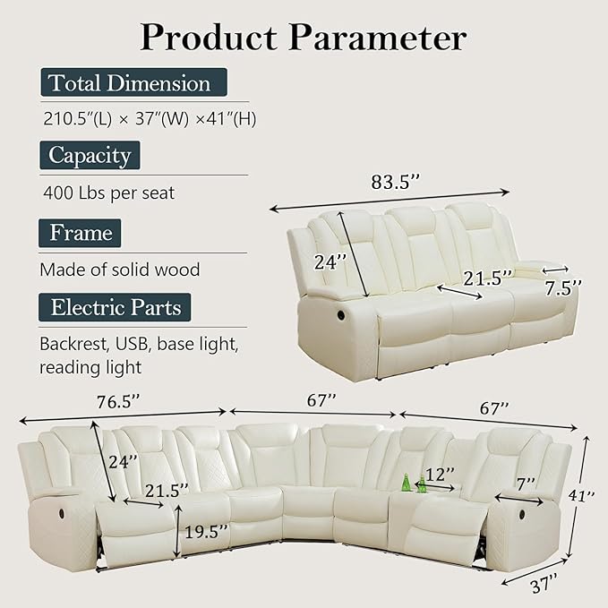 Power Recliner Sectional Sofa Set, Creamy Leather Sectional Couch and 3 Seater Sofa for Living Room, L Shape Reclining Sofa with Cup Holder, Hidden Storage, Coffee Table for House(9 Seat)