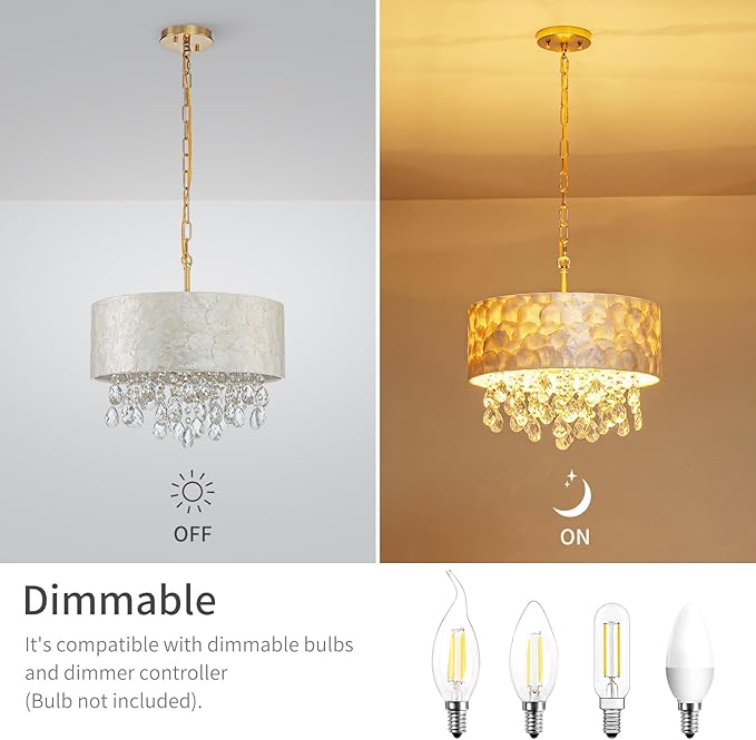 Medium Size 4-Light Drum Capiz Shell Crystal Chandeliers, Coastal Style Pendant Light Fixture for Dining Room, Living Room, D16 x 20~67"(Adjustable), Shell Lampshade & Gold Finish