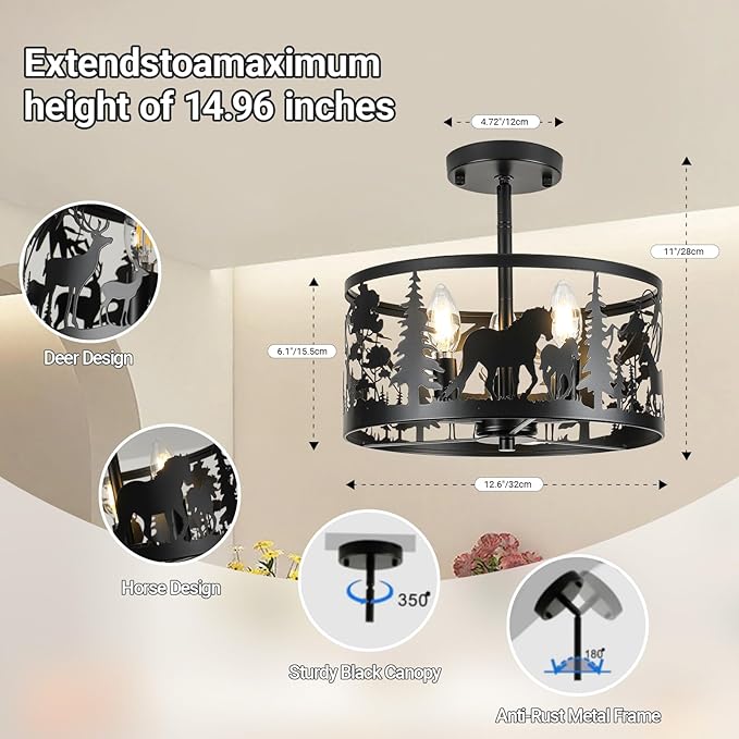 Farmhouse Rustic Ceiling Light Fixtures-Deer & Horse Design, 3-Light Round E26 Base Black Metal Fixture for Kitchen, Living Room,Foyer, Bedroom, Hallway(Bulbs not Included)