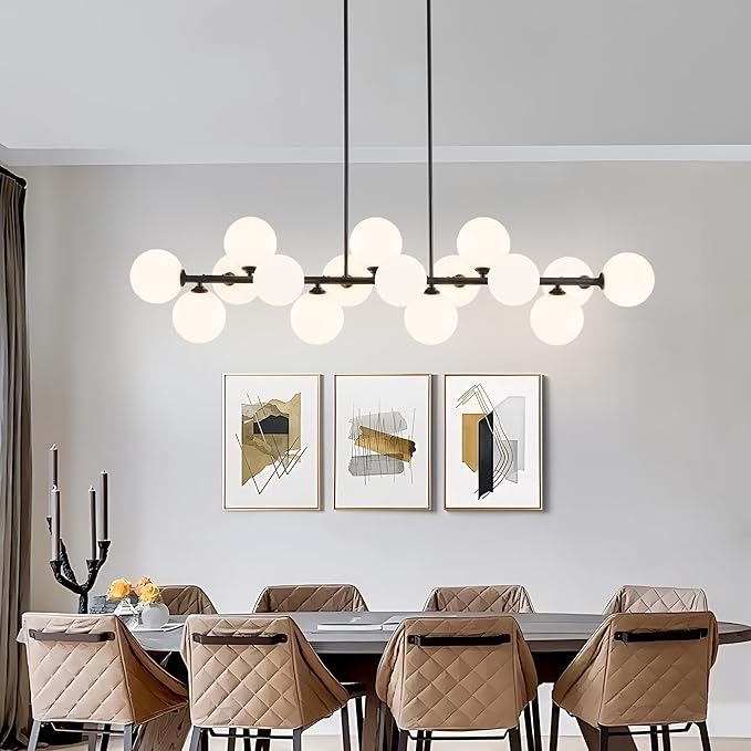 Linear Chandeliers for Dining Room, 55in Sputnik Chandeliers 16-Light Glass Globe Chandelier Black Milk White Bubble Modern Chandelier Large Pendant Lights Kitchen Island Lighting