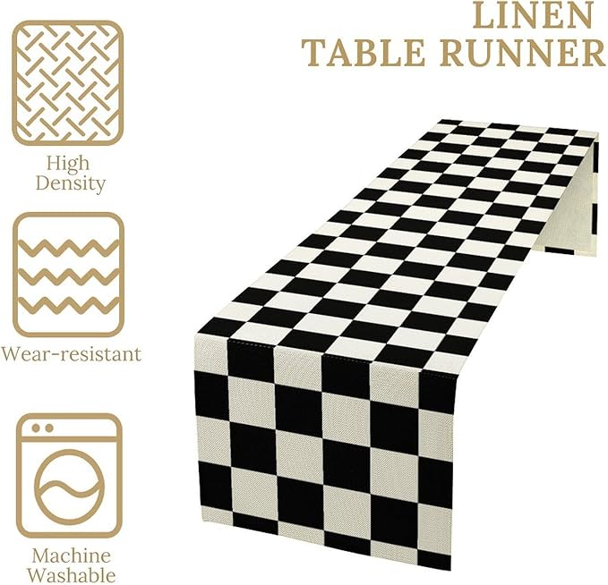 Black White Plaid Table Runner Racing Car Theme for Birthday Reunion Party Home Kitchen Dining Room Dinner Runner Decor 13x90in