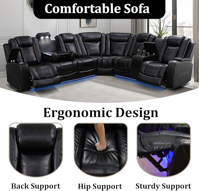 Power Reclining Sectional Sofa Set with LED Lights, Vegan Leather Recliner Sectional Couch for Living Room Furniture,Wireless Charging/USB Charging/Reading Lamp/Armrest Storage,Black Pro