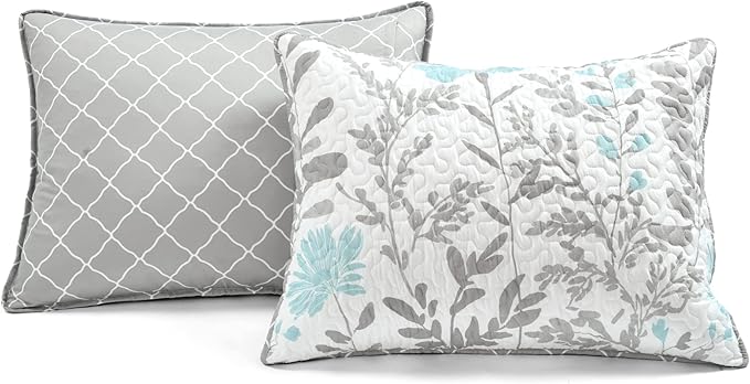 Lush Decor Aprile Reversible Floral Quilt King Size 3 Piece Set King, Blue & Gray - Bedding Set - Floral Quilt - Cottage Bedroom Décor