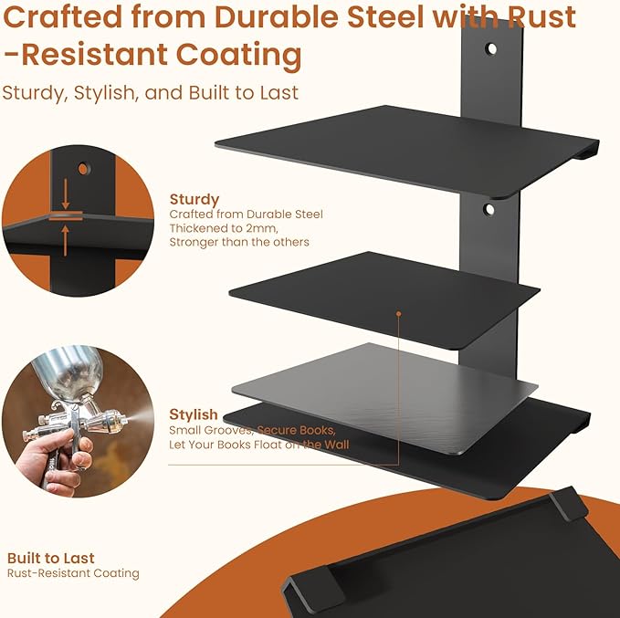 Invisible Bookshelf for Wall, 6 Tier Floating Bookshelf Made of Heavy Duty Metal, Vertical Spine Book Tower Hanging Wall Bookshelf, Floating Book Shelves for Wall, 3 Pack Black