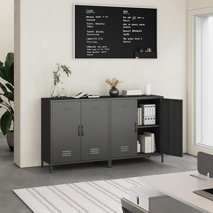 Metal Storage Cabinet with 2 Door, Steel Locker Sideboard Buffet Cabinet Console Table for Home Office (Black, H35.43'')