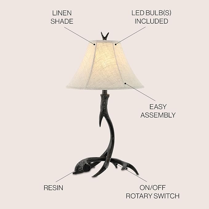 JONATHAN Y 27.5" Black Antler Rustic Resin Table Lamp for Living Room Bedroom, Light Grey Linen Shade, Farmhouse Lodge Nightstand Lamp, LED Bulb Included (JYL6305C)