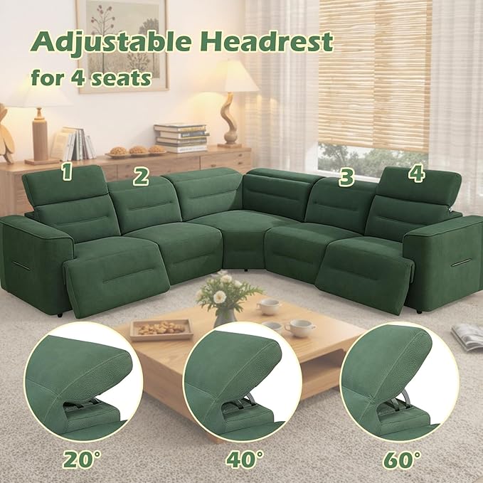 Power Reclining Sectional Sofa Set with USB Ports & Adjustable Headrest, 5-Seater L-Shaped Flannel Recliner Sectional Couch for Living Room,Green