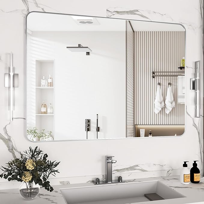 Manocorro Bathroom Mirror,29x40 Inch Wall Mirror Rectangular with Aluminum Alloy Frame, Rounded Corner Hanging Mirror Decor for Entryway, Bedroom, Living Room, Silver