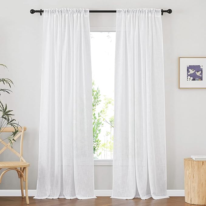 NICETOWN White Sheer 102 inch Long Curtains Faux Linen Blend, Rod Pocket & Back Tab Semi Sheer Window Treatment Privacy with Light Filtering for Living Room/Bedroom, W52 x L102, 2 Panels