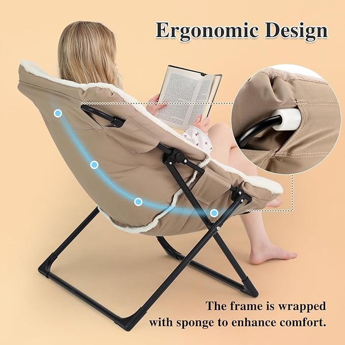 Comfy Saucer Chair for Adults, Soft Faux Fur Bedroom Chair with Ottoman, Accent Dorm Chairs, Living Room Reading Chairs and Footstool, Folding Seat for Teens, X-Large, Beige