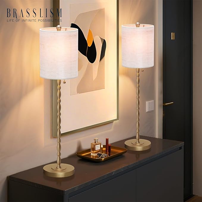 Buffet Lamps Set of 2, 28.5" Tall Brass Finish Lamps for Entryway, Hallway, Console Table, Dining Sideboard or Living Room, UL Certified with Pull Chain, Linen Shade, Urban Luxury Style
