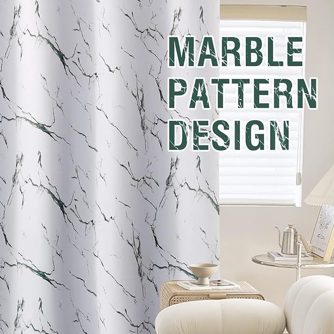 H.VERSAILTEX 100% Blackout Curtains 96 inch Length 2 Panels Set Marble Designs Printed Drapes Thermal Curtains for Bedroom with Black Liner Sound Proof Curtains, Antique Green
