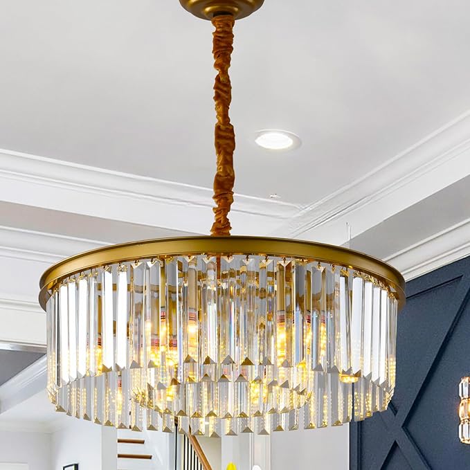 Gold Modern Crystal Chandelier Lighting Semi Flush Mount Ceiling Light Fixture 2-Tier K9 Crystal Hanging Pendant Light for Dining Room Kitchen Island Living Room Bedroom Hallway 21.6inch