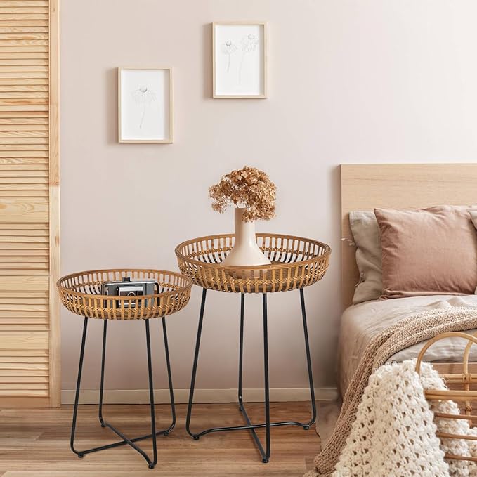 Oakrain Rattan Side Table, Nesting Tables, Set of 2, Bamboo Coffee with Metal Base for Living Room, Sofa, Bedroom, Terrace (18.11''&20.47'')