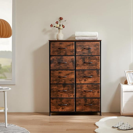 DUMOS Dresser for Bedroom, 10 Storage Drawers, Wide Fabric Closet Chests Organizer Tower Furniture with Wooden Top Metal Frame for Clothes, Guest Room, Living Room, Hallway, Entryway