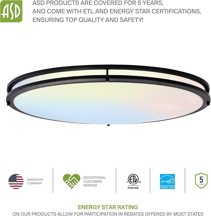 ASD LED 32" Oval Flush Mount Lighting, Close to Ceiling Light Fixture | 3CCT, Dimmable, Energy Star, ETL Listed | 45W 3750LM 3000-5000K 100-277V | Low Profile Double Ring Lamp | Black, 2 Pack