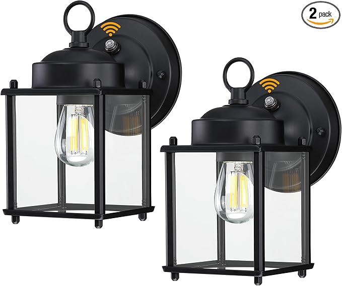 Dusk to Dawn Outdoor Wall Lantern, Exterior Waterproof Sconces Lighting Wall Mount, Front Porch Light, Anti-Rust Metal Outside Light Fixtures with Clear Glass, Matte Black, 2-Pack