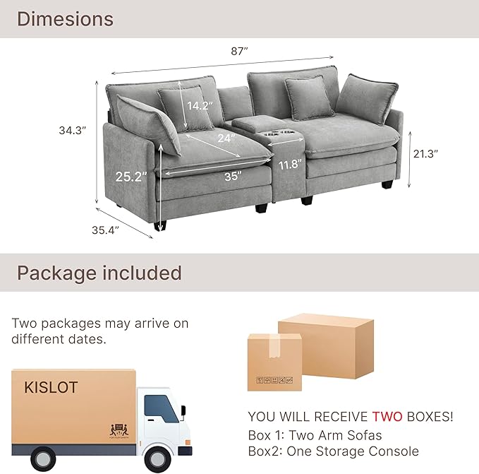 KISLOT 74.4" Oversized Modular Sectional Sofa with Storage Console,Loveseat Cloud Couch with Deep Seat & Thick Cushions, Multi Functional Console with USB and 2 Cup Holder,Sofa Set for Living Room | Wood Frame