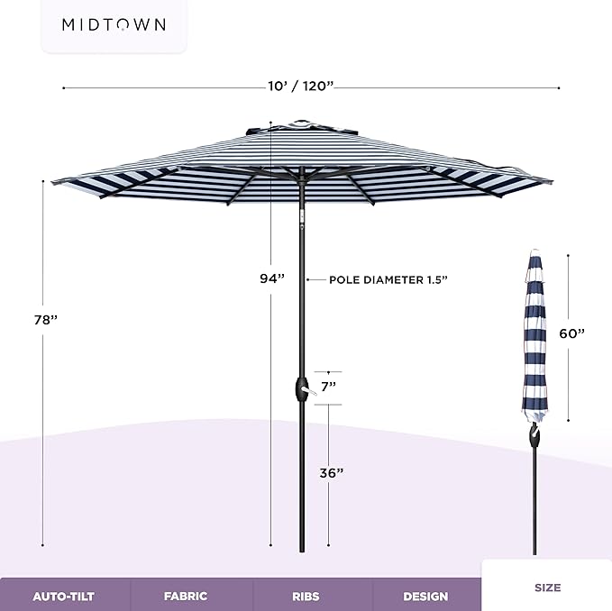 Midtown Umbrellas - 10-Year-No-Fade 10 Ft Patio Umbrella with Terylast Fabric, Auto-Tilt Aluminum Frame and 8 Reinforced Ribs for Deck, Pool, Garden & Beach - Navy Stripes Canopy, Black Pole