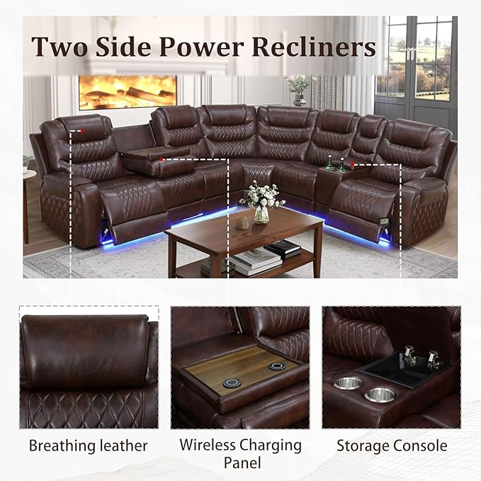 Breathing Leather Reclining Sectional Couch, 6 Seat L Shaped Sofa with 2 Power Recliner Seats, Reclining Sectional Sofa with LED Lighting/USB Port/Cup Holder/Storage (Dark Red)