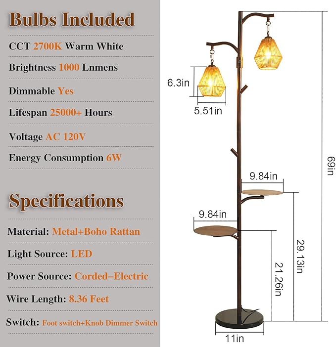 Hsyile Arc Floor Lamp with Cage Shade,Rattan&Fabric Boho Floor Lamps for Living Room Bedroom,Rust Color Industrial Dimmable Floor Light,Farmhouse Rustic Tall Lamp for Office Reading