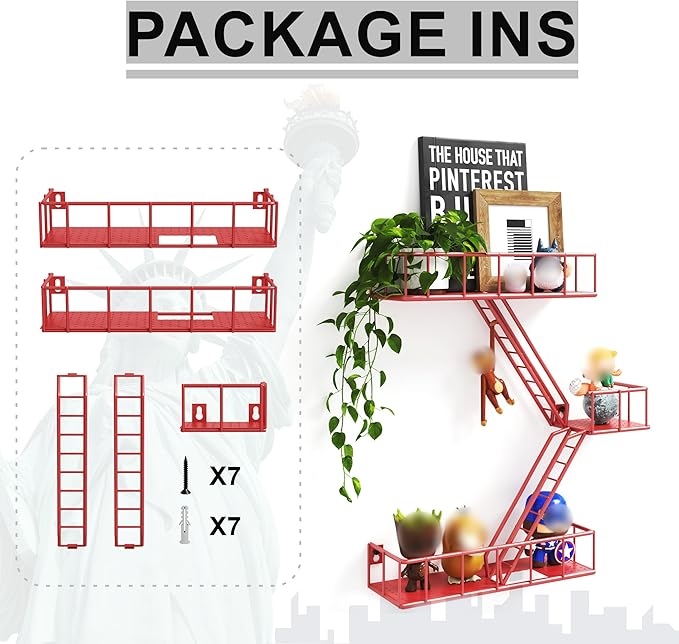 Fire Escape Wall Shelf with Baskets, 3-Tier Metal Fire Escape Ladder Shelf Wall Organizer, New York Inspired Decorative Shelf, Red Floating Action Figurine Display Shelves for Bedroom, Home Décor.