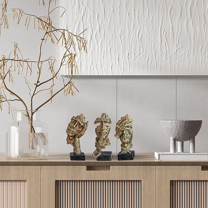 3 Pcs Thinker Statue, Silence is Gold Abstract Art Figurine, Modern Home Resin Decorative Objects Decor for Home Office Bookshelf Desktop,No Hear No See No Speak Knick Knacks
