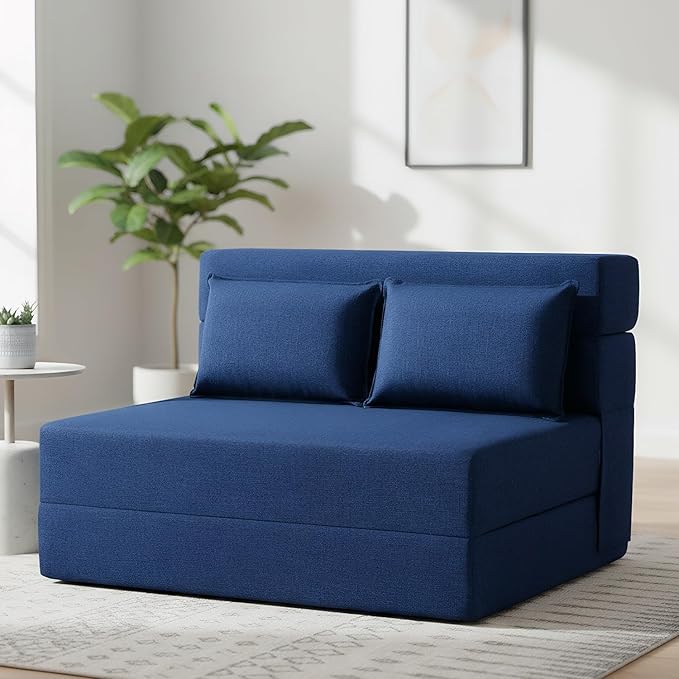 FILUXE Folding Sofa Bed | Convertible Sleeper Chair Bed for Adults, Fold Out Chair to Bed Linen Futon Chair with Pillow, for Home Dorm Apartment RV Living Room, Standard Size, Navy Blue