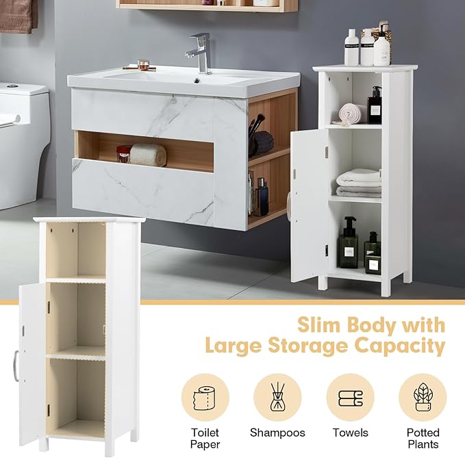 LDAILY LUARANE Wooden Bathroom Floor Storage Cabinet, Side Storage Organizer Cabinet with 1 Door Open Shelf Adjustable Shelves, Small Free Standing Sideboard for Entryway Living Room Kitchen (White)