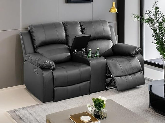 Black Recliner Loveseat Bonded Leather 2 Seater Reclining Sofa Wall Hugger Manual Reclining Couch Living Room Couch with Cup Holders & Storage Console for Home/Rv Car (Black, Loveseat)