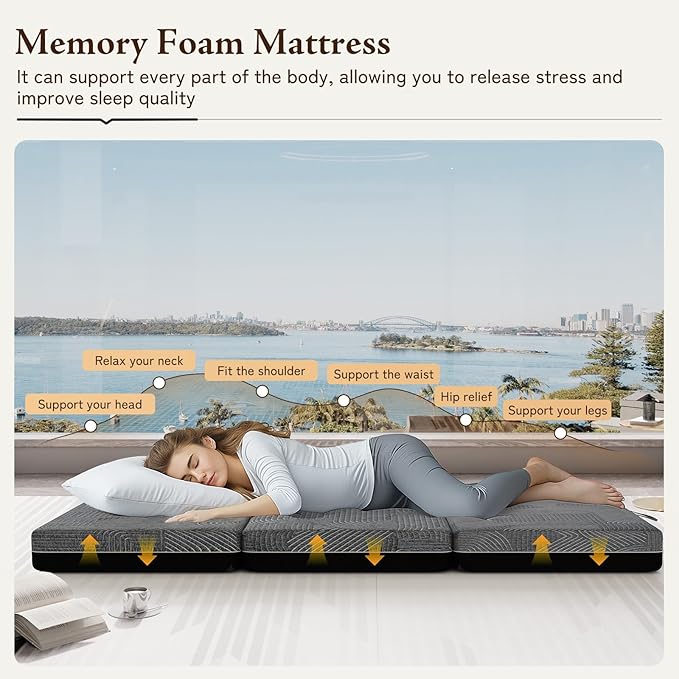 Tri Folding Mattress Queen Size - Memory Foam Tri-fold Mattres, Handle & Non-Slip Bottom, Portable Foldable Sofa Bed Floor Chair for Travel RV Camping Guest Yoga - 4 Inch, 78"x58"x4"
