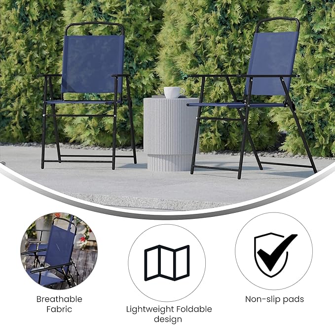 Flash Furniture Mystic Folding Patio Sling Chairs, Outdoor Textilene Lawn Chairs with Armrests, Set of 4, Navy
