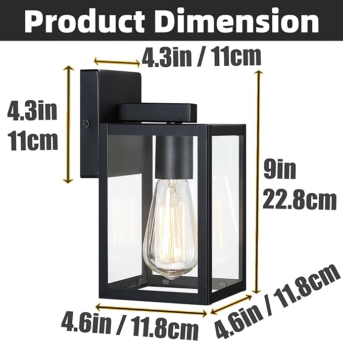2 Pack Small Outdoor Sconce Lights,9 Inch Outdoor Wall Lantern Light,Exterior Sconce Metal and Glass Small Porch Light, Black Outdoor Lanterns for Front Porch Garage Balcony