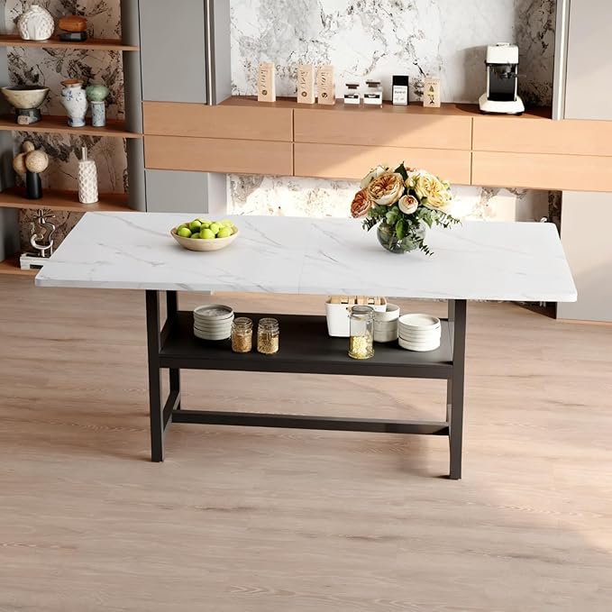 Dining Table, 71 inch Kitchen Table with Storage Shelf, Dinner Table with Black Textured Tabletop & Metal Legs, Minimalist Design for Family Gatherings, Fits Modern Home Decor, Black White