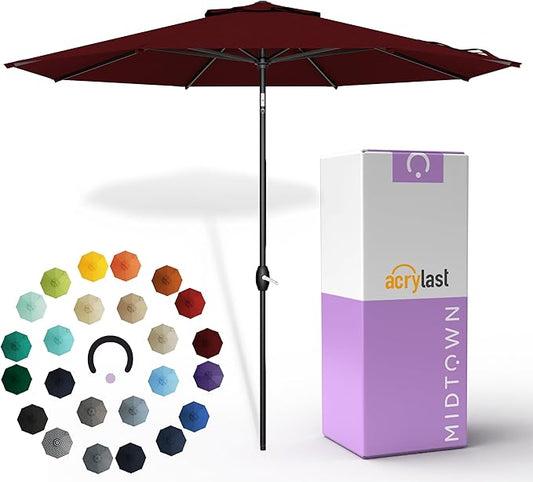 Midtown Umbrellas – The Lean 9 Ft Patio Umbrella with 10-Year-No-Fade Acrylast Acrylic Fabric, Auto-Tilt and 8 Reinforced Ribs for Deck, Pool, Garden, Hotel & Cafes – Bordeaux Canopy, Black Pole