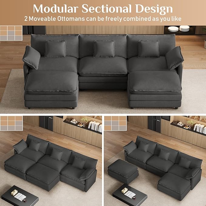 114" U Shaped Cloud Couch Sectionals Oversized Sectional Couches for Living Room Modular Couch, Large Velvet Cloud Sofa with Movable Ottoman, Grey