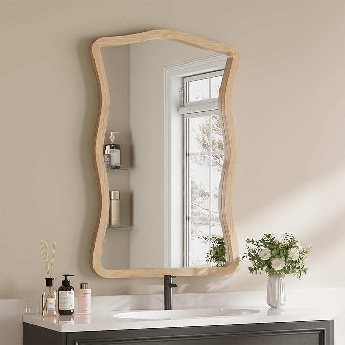 ULIKE Wavy Wall Mirror for Bathroom, 24x36 Wood Frame Mirror for Over Sink, Rustic Wall Mirrors Decorative and Vanity Mirrors for Bedroom Living Room Entryway, Natural