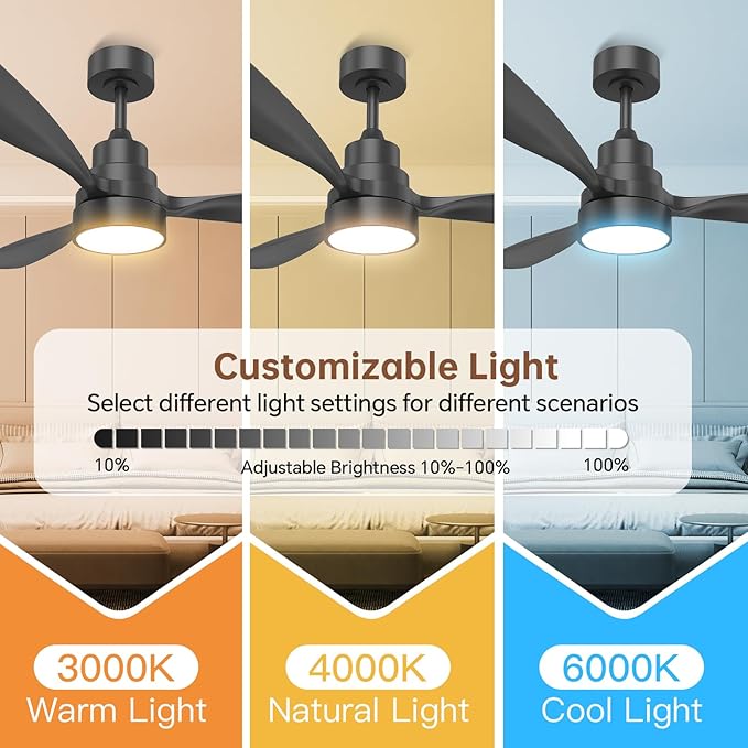 CACI Mall 48 inch Smart Ceiling Fans with Lights, Black, Low Profile, Modern, 3 Blades, Solid Wood, Remote Control, Work with Alexa/Google, Outdoor Indoor Ceiling Fans for Patio Living Room Bedroom