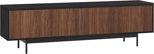 Henn&Hart Fluted TV Stand for TVs up to 75" with 2 Open-Concept Ribbed Storage Cabinets for Living Room, Family Room, or Office, Natural/Medium Walnut