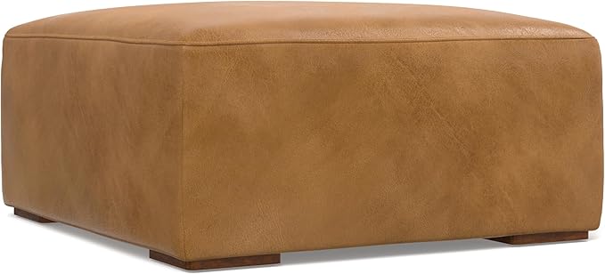 SIMPLIHOME Rex Ottoman - 34 inch Wide Upholstered Genuine Leather Square Ottoman in Sienna, Modern Bench for Living Room or Bedroom with High-Density Cushion, Assembled
