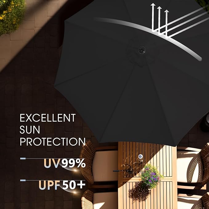 wikiwiki 9FT Patio Umbrella with Base, Outdoor Umbrellas with Base Included, 8 Sturdy Ribs, Waterproof Fade Resistant POLYESTER DTY Canopy for Deck, Lawn, Garden, Backyard & Pool, Black