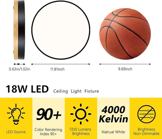 Round LED Flush Mount Ceiling Light, Modern Wood Ceiling Light, Minimalist Ceiling Lamp Black Ceiling Lighting Fixtures for Kitchen Bedroom Laundry Room Living Room Entryway Hallway&11.81 in