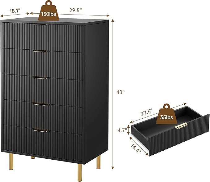 IDEALHOUSE Black Dresser, Modern 5 Drawer Dresser for Bedroom with Gold Handle and Large Drawer, Wood Double Chest of Drawers and Storage Organizer for Living Room, Hallway, Entryway