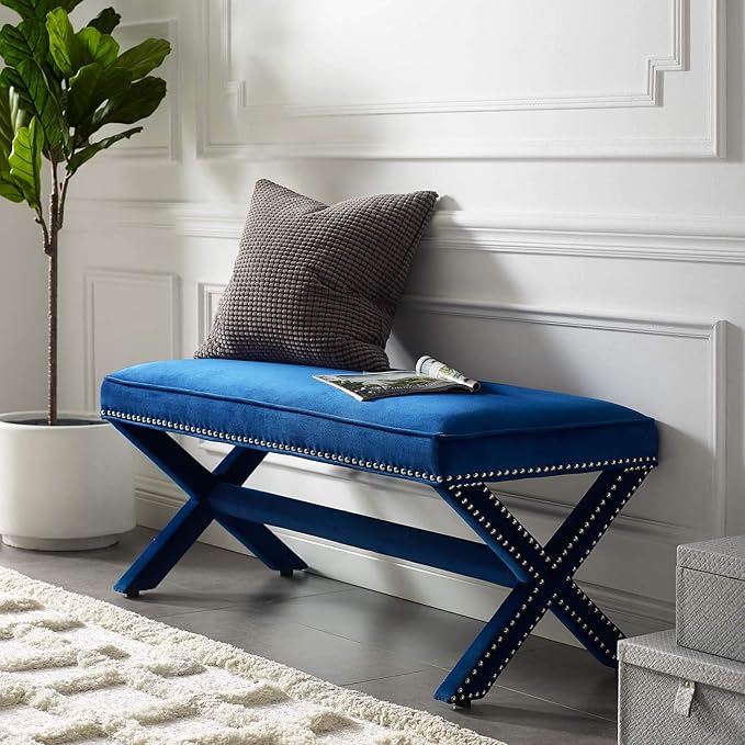 Modway Rivet Contemporary Modern Upholstered Velvet X-Base Accent Bench With Nailhead Trim In Navy