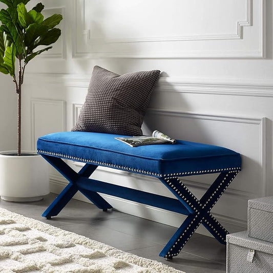 Modway Rivet Contemporary Modern Upholstered Velvet X-Base Accent Bench With Nailhead Trim In Navy