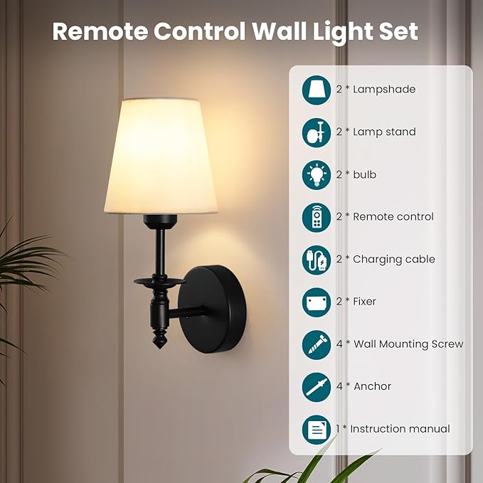 WOSHITU Battery Operated Wall Sconce: Black Sconces Set of 2 with 2 Remote & 2 Dimmable Bulb Matt Black Rechargeable Cordless Sconces Wall Decor Set of Two Wall Light for Bedroom Living Room