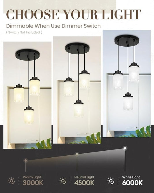 TENGXIN 3-Lights Modern Pendant Light with Glass Shade Matte Black Pendant Lighting Adjustable Industrial Retro Style Hanging Light Fixture for Kitchen, Farmhouse