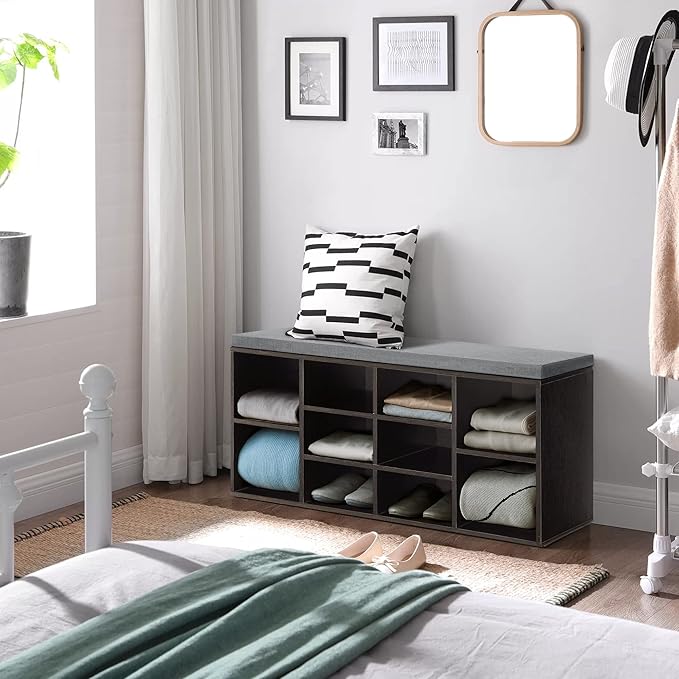 PayLessHere Shoe Bench - 10 Compartment Shoe Organizer with 3-Tier Rack & Adjustable Shelves for Living Room, Entryway, Hallway, Bedroom (Black)