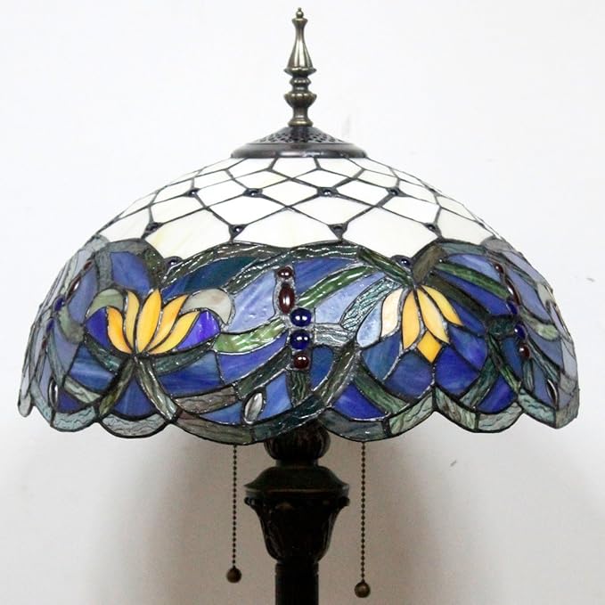 WERFACTORY Tiffany Floor Lamp Blue Lotus Stained Glass Flower Standing Reading Light 16X16X64 Inches Antique Pole Corner Lamp Decor Bedroom Living Room Home Office S220 Series