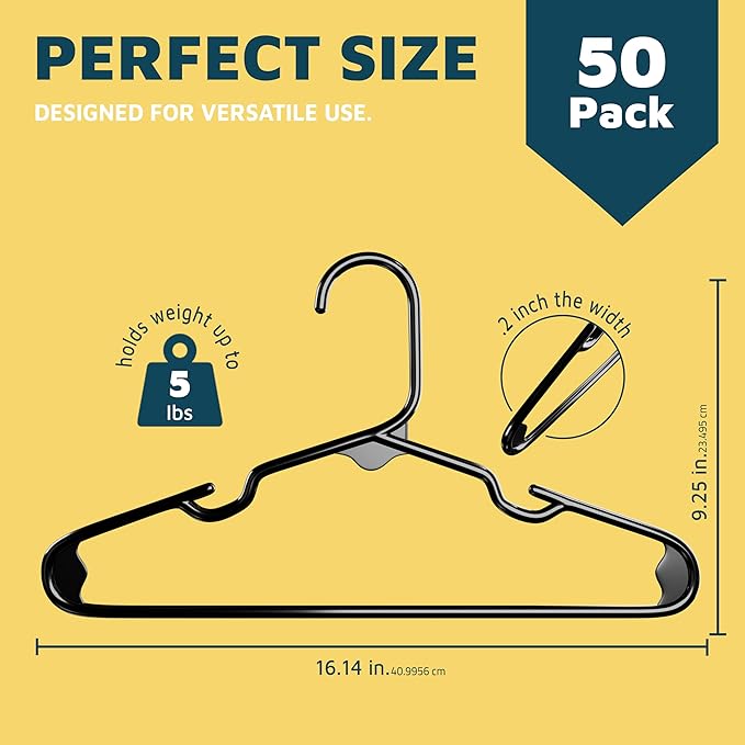 Lifemaster Plastic Kids Clothes Hanger – Children Clothes Hanger with Shoulder Notch, 11.6 Inch Space-Saving Closet Organizer for Baby, Toddler, and Kids Clothing, Hold Up to 5 lbs, Pack of 50, Black